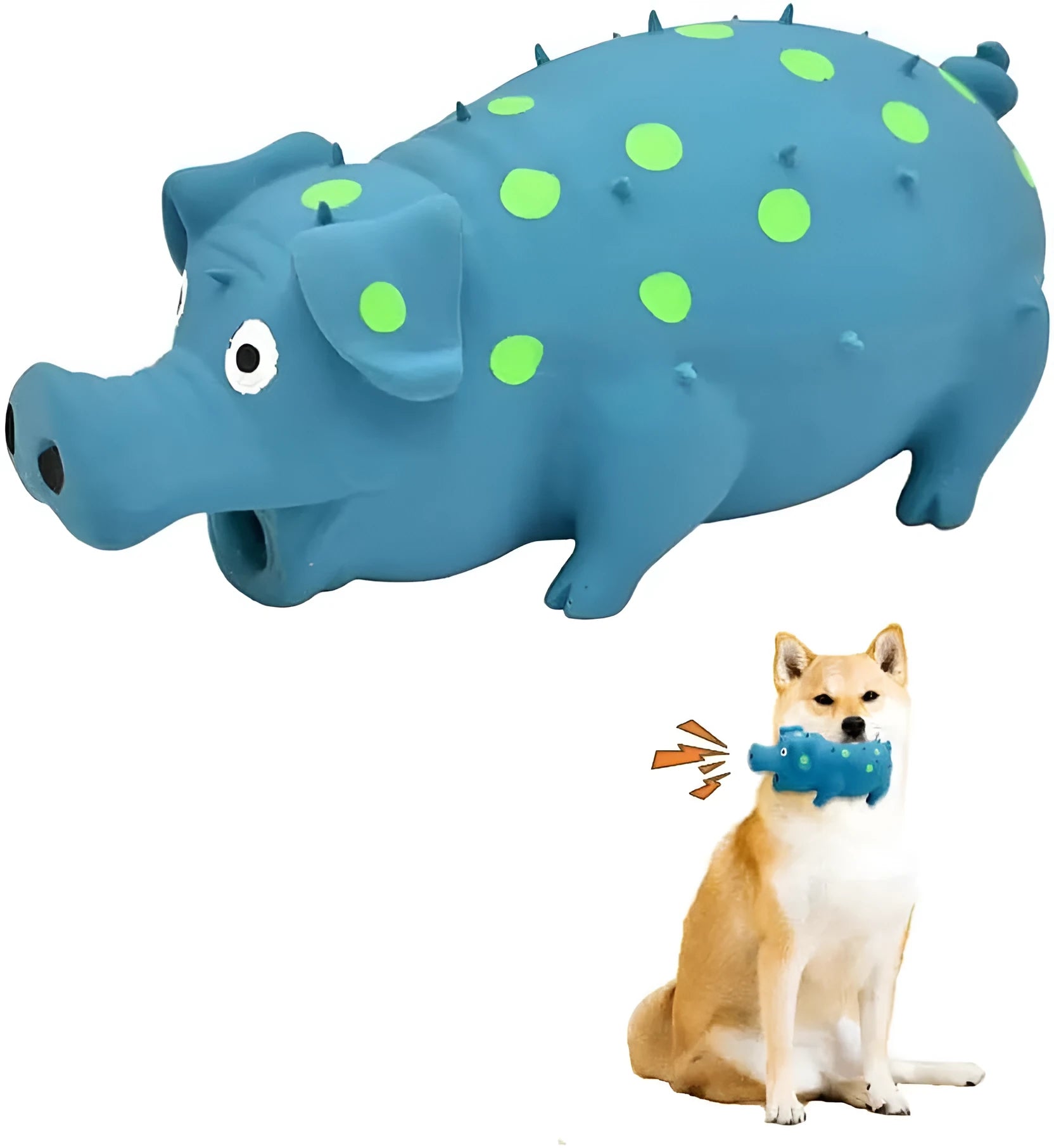 Blue latex pig-shaped dog chew toy with textured surface and squeaker on a wooden floor.