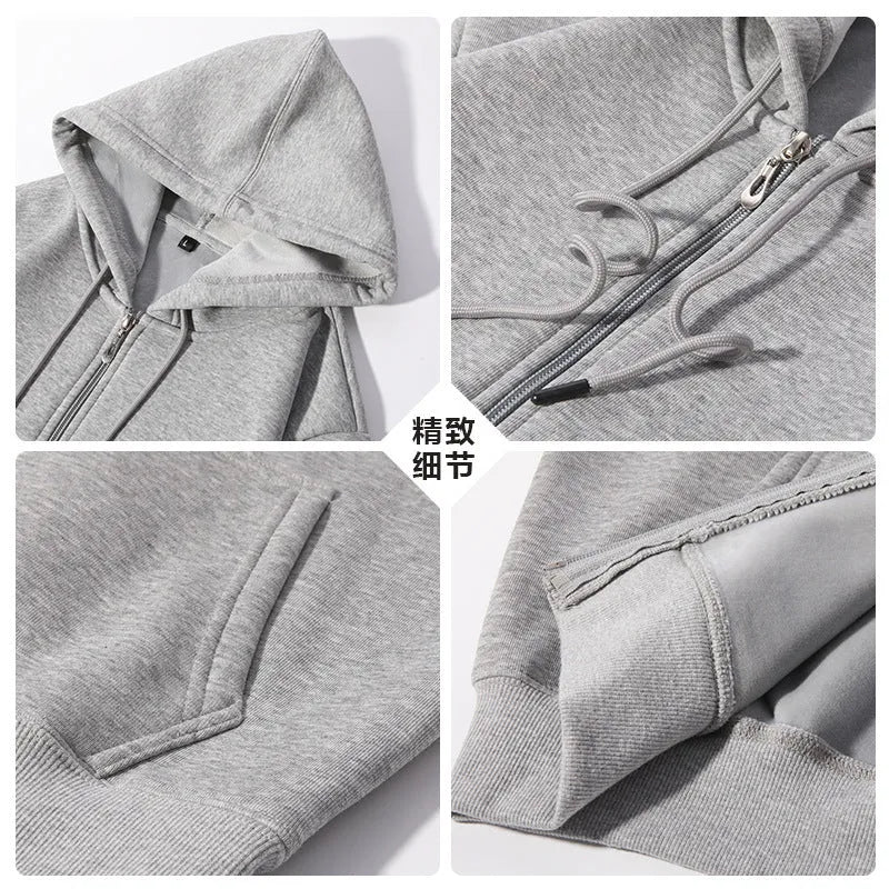 Men's heavyweight hooded cardigan sweater with full zip front in charcoal grey colour