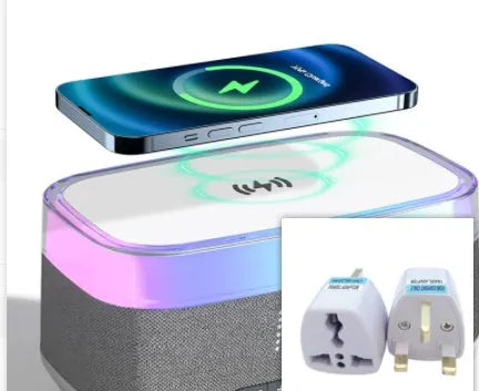 White multifunctional alarm clock with Bluetooth speaker and wireless charging pad