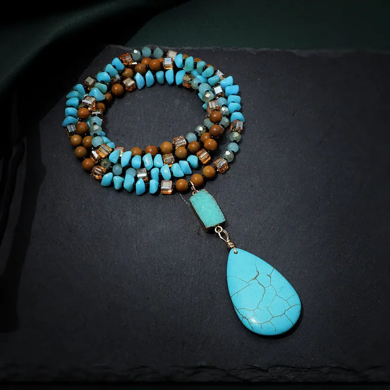 Turquoise blue heart-shaped water drop pendant necklace with mixed gem inlays on ball bead chain