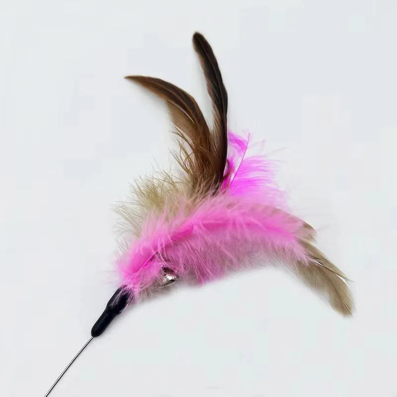 Blue adjustable cat collar with attached silicone teasing wand, dangling feathers, and bell
