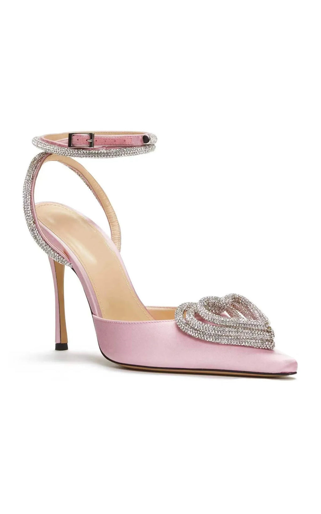 Women's pointed-toe satin sandals with heart-shaped rhinestone decoration and cross-strap design