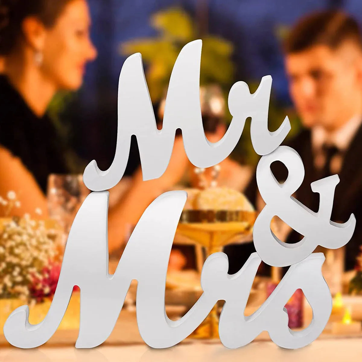White wooden MR MRS decoration with creative English letters on density plate