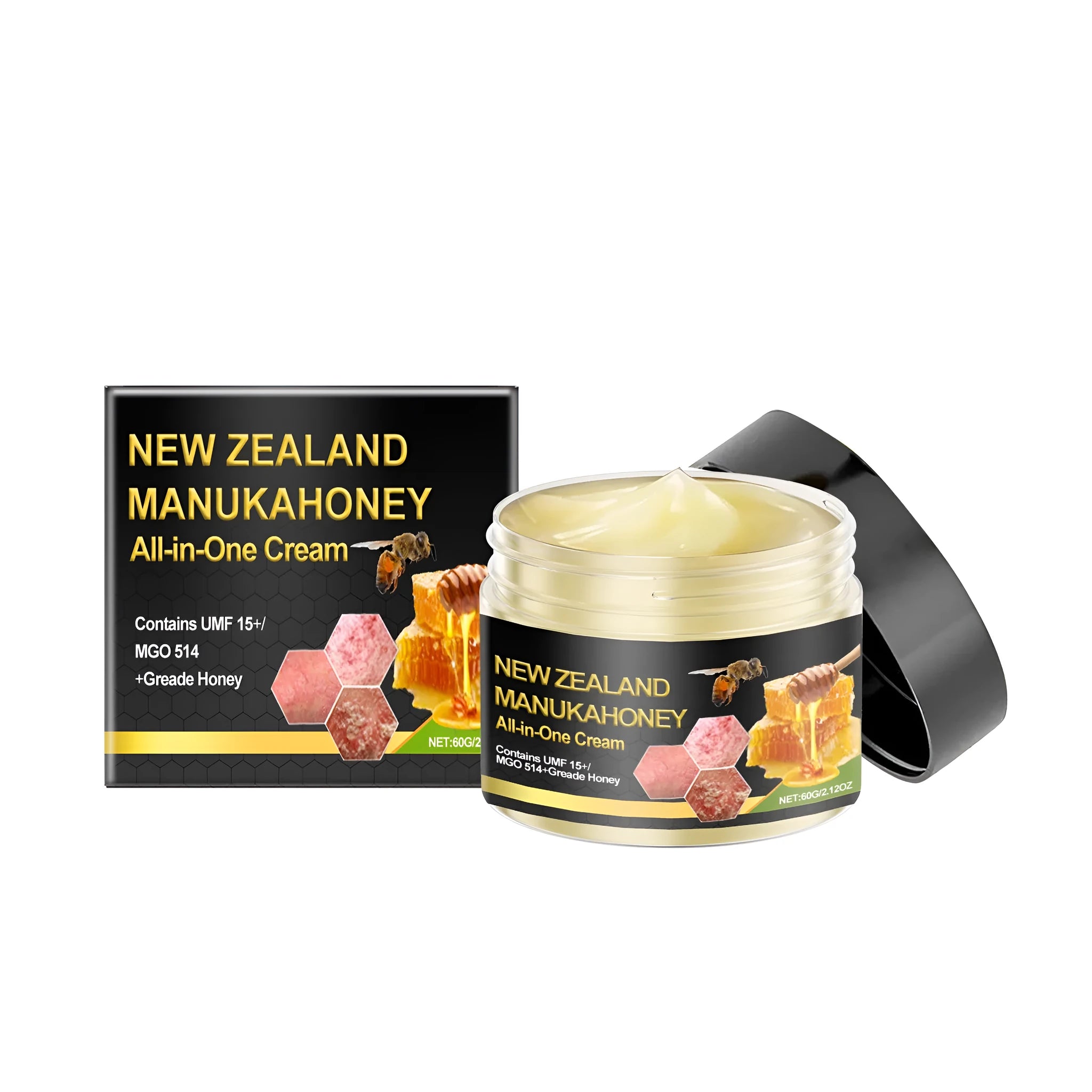 50g jar of skin cream with bee venom, honey, mint leaves, and madecassoside active ingredients