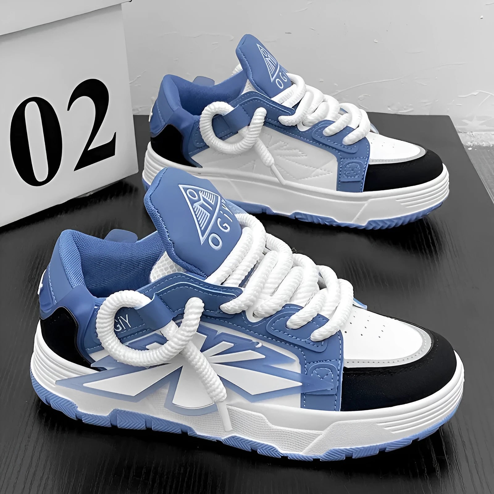 Men's white chunky Harajuku sneakers with thick rubber sole and synthetic leather upper.