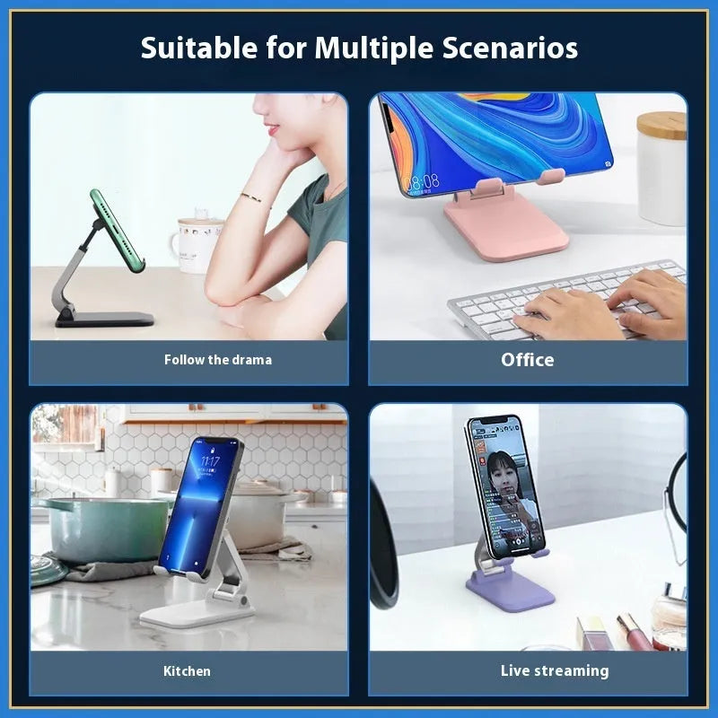 Foldable mobile desktop stand in black, showing smartphone placed on its universal bracket.