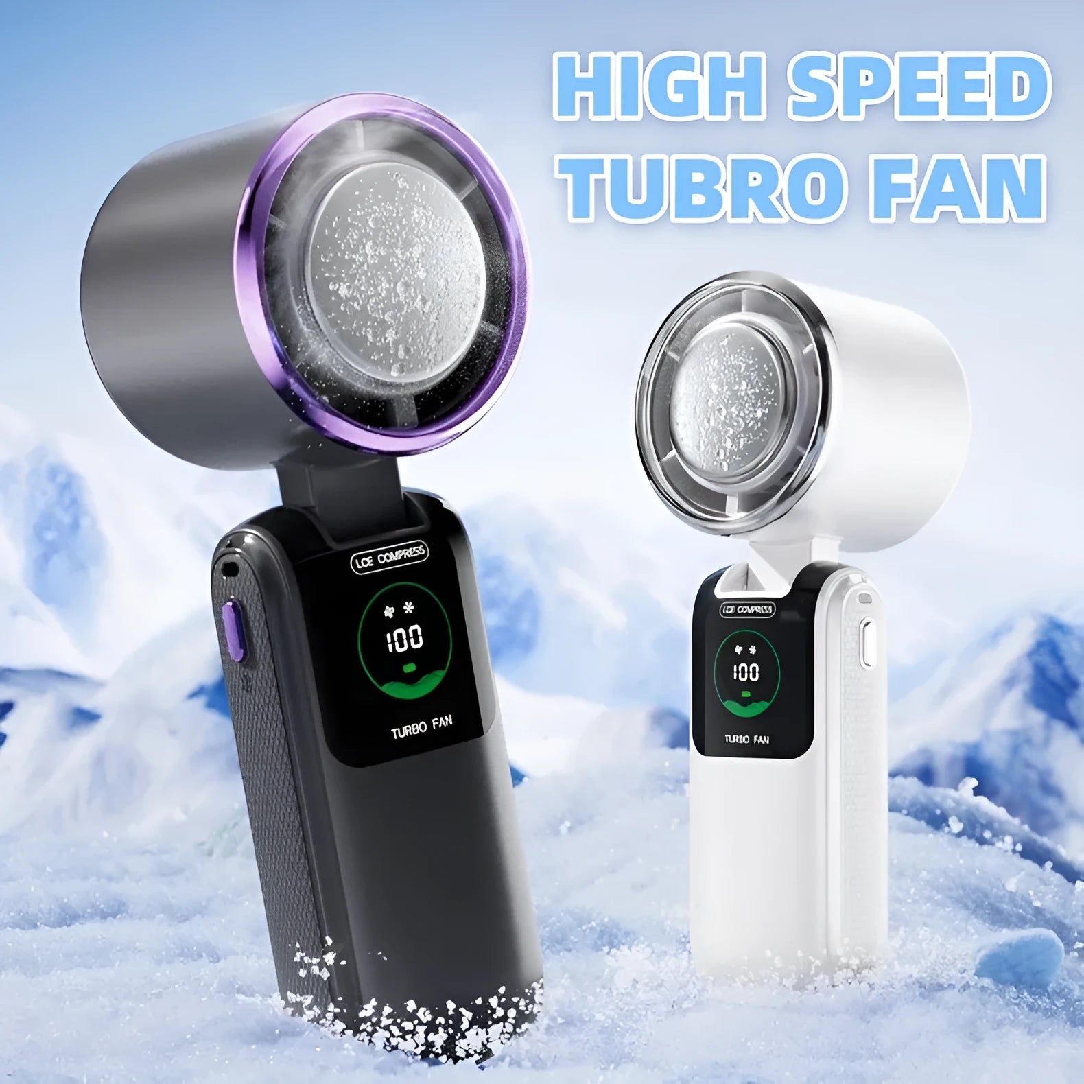 Blue handheld folding electric fan with USB charging port and adjustable speed settings.