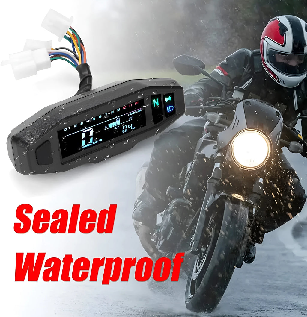 Black motorcycle mini LCD speedometer and oil gauge with white backlight display.