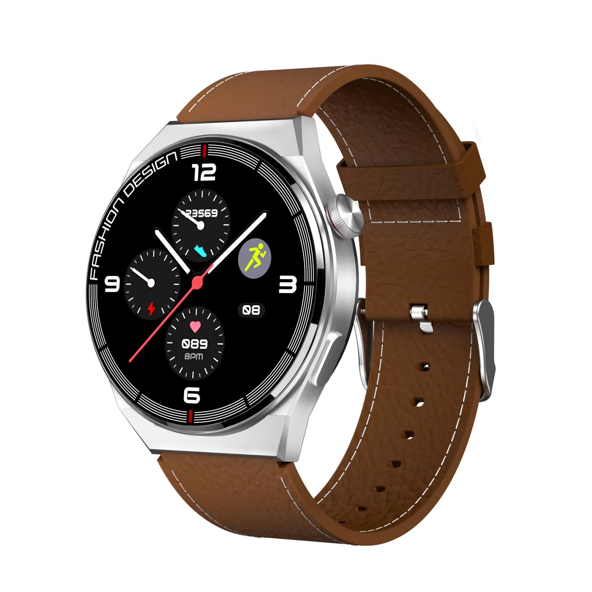 Black smartwatch with silicone strap showing heart rate and call interface on its 1.28-inch screen.