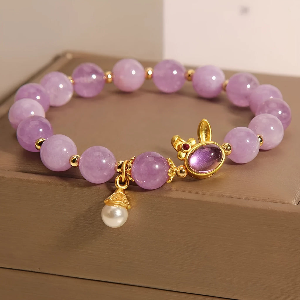 Natural mauve jade crystal rabbit bracelet with purplish red hare head pendant