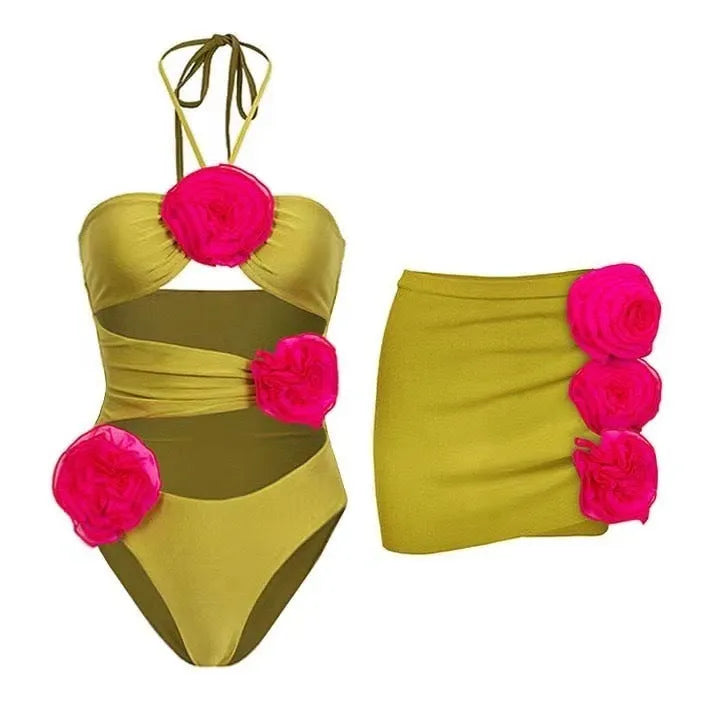 Solid colour women's one-piece swimsuit on a mannequin, showing hollow-out cut design and separate skirt option.