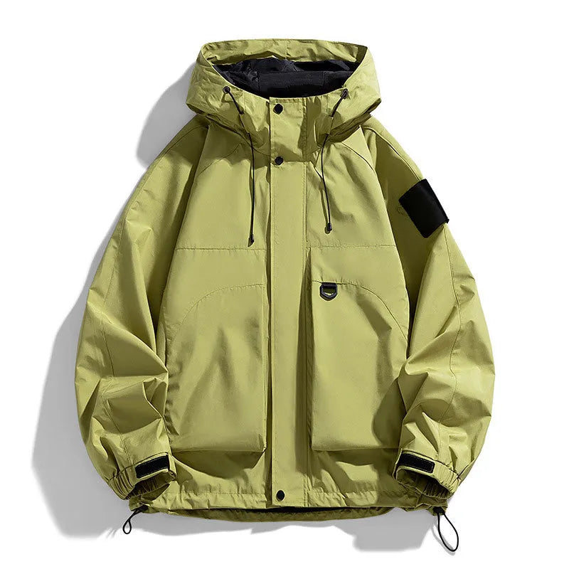 Men's black windproof waterproof hooded jacket on a hanger