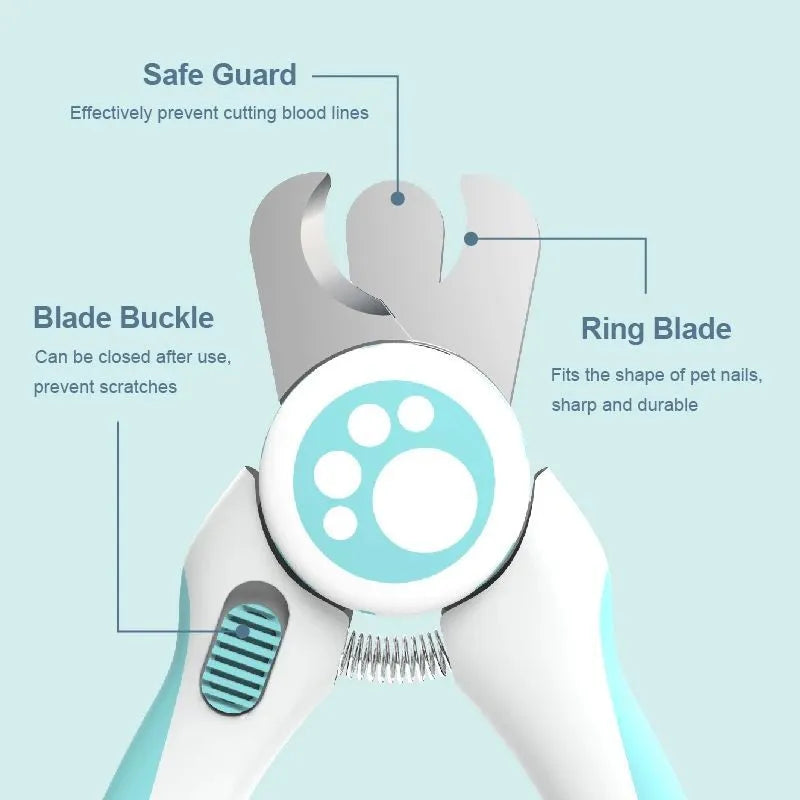 Blue and white pet nail clippers with ergonomic handle and safety stop mechanism