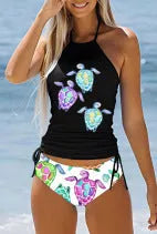 Conservative printed bikini swimsuit for women with colourful pattern and split design