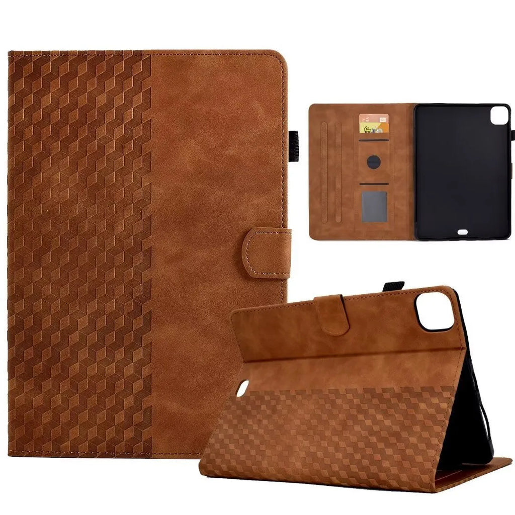 iPad Pro 11 leather case with card holder in diamond embossed pattern, showing stand function.
