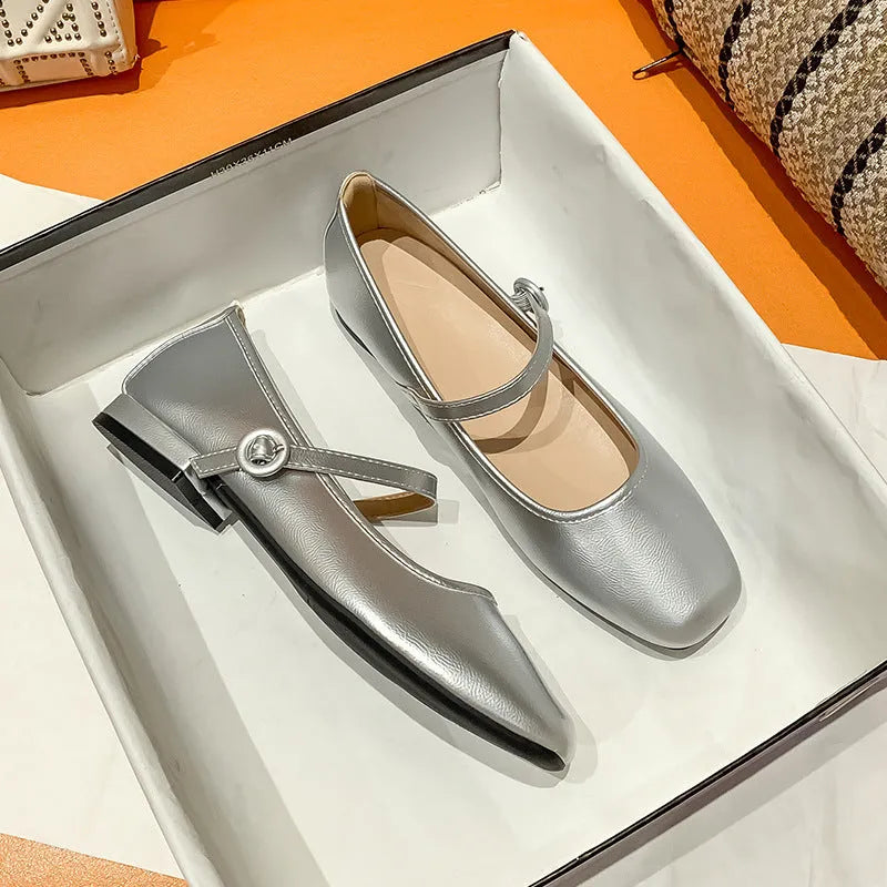 Mary Jane low heel silver shoes with 2cm thick heel and shallow mouth rubber sole
