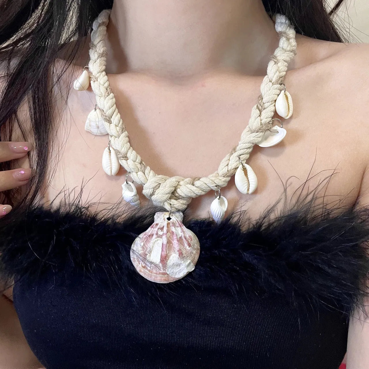 Shell pendant braided rope necklace, adjustable 51-60cm chain, electroplated finish, women's casual vacation style