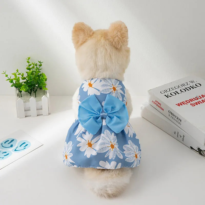 Summer cool pet dress with floral butterfly knot design in multiple bow colours for dogs and cats
