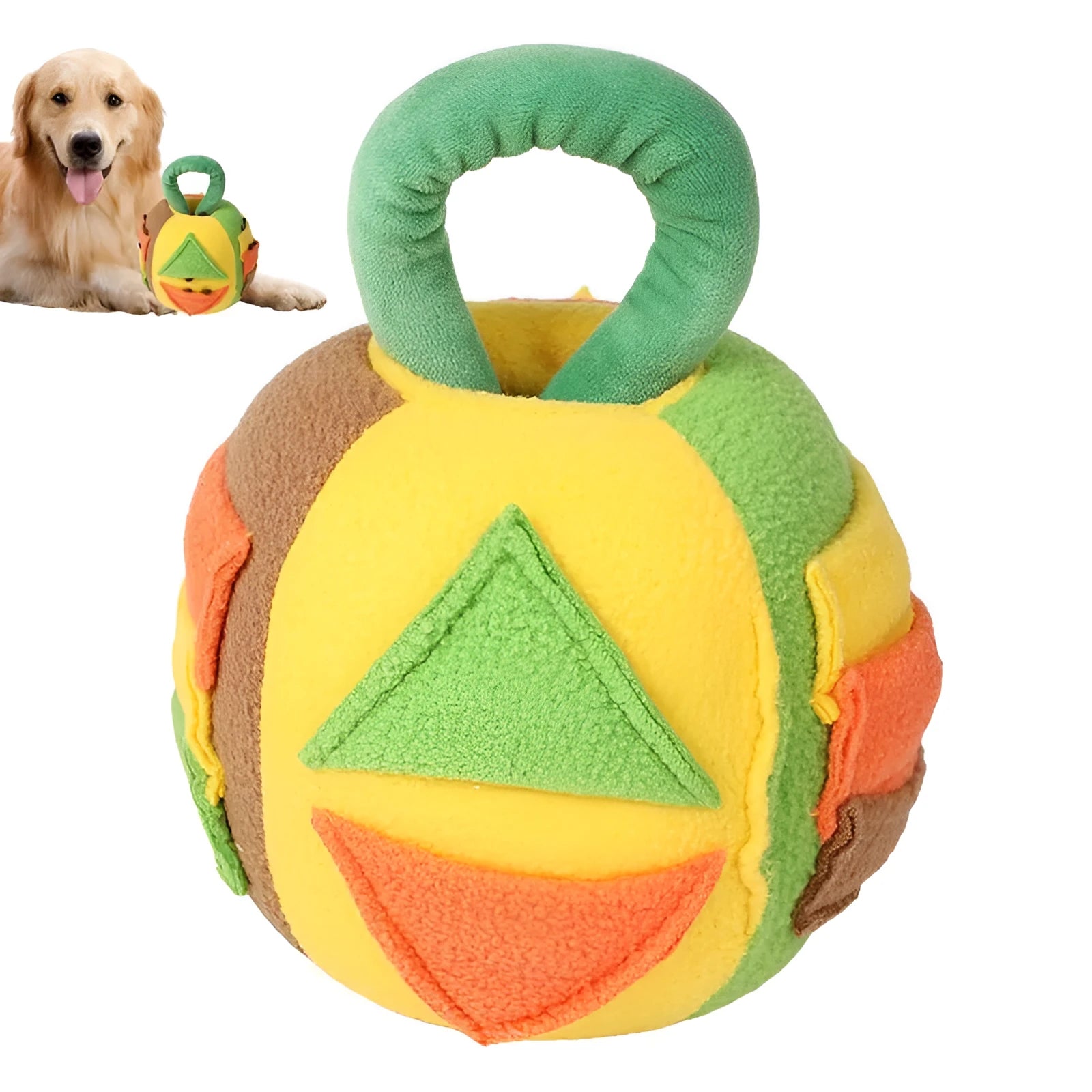 Green polyester dog squeaky plush ball toy with treat pockets