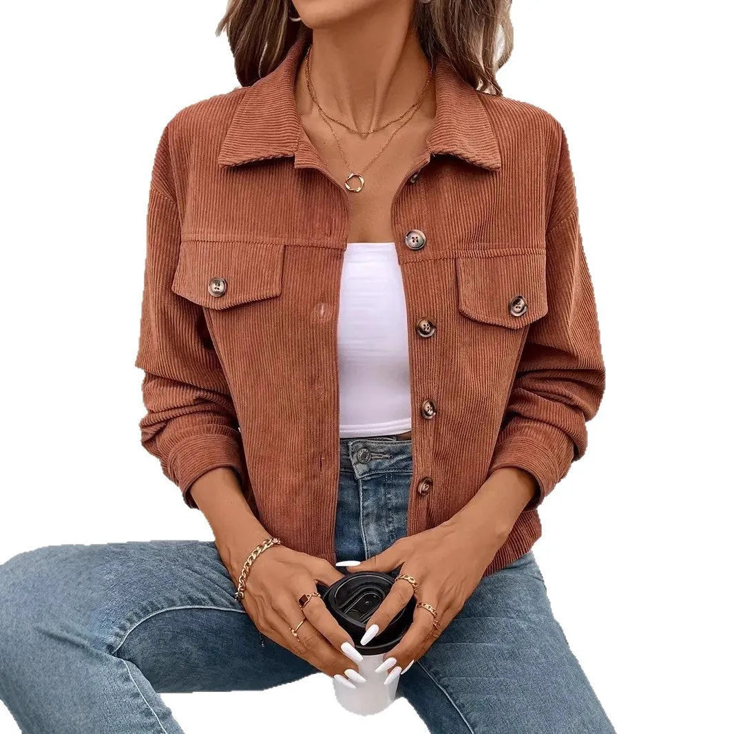 Women's retro artistic polyester shirt coat jacket in loose fit with button front