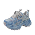 Blue white gradient denim high top platform sneakers with rhinestone embellishment, lace-up front, thick rubber sole