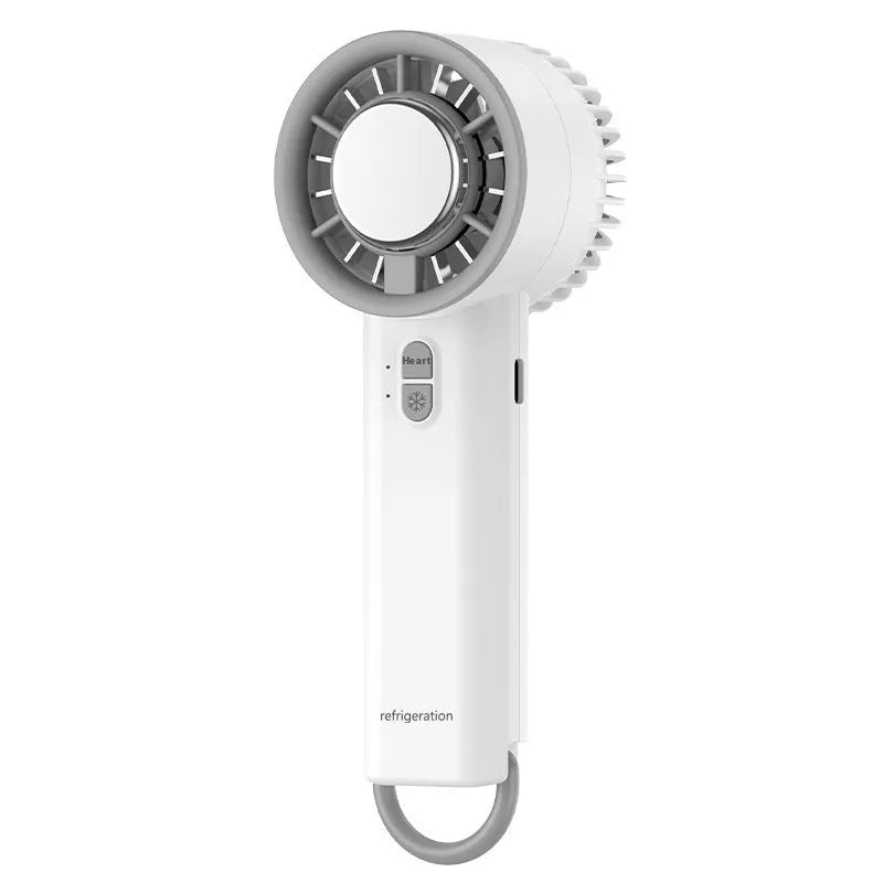 Semiconductor ice cooling handheld fan in ice white with LED lights and USB cable