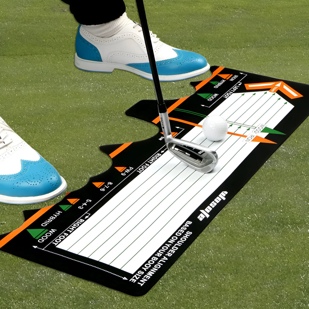 Black neoprene golf swing posture training mat for alignment and stance correction.