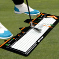 Black neoprene golf swing posture training mat for alignment and stance correction.