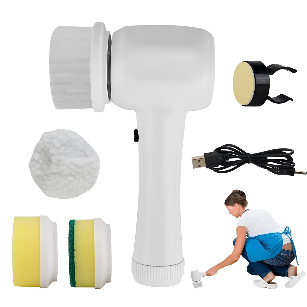 White handheld electric cleaning brush with rotating brush head on bathroom tiles