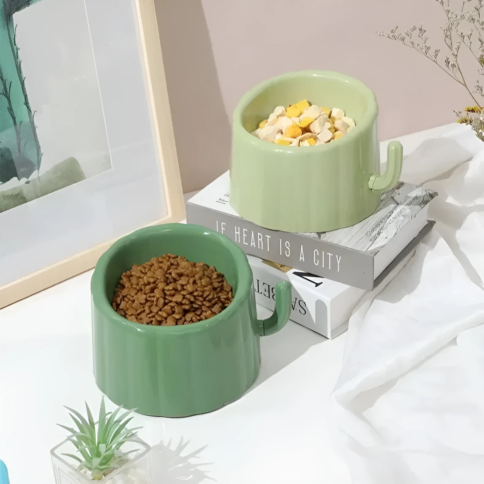 High-stand solid colour cat bowl with cactus design showing anti-slip base and large feeding opening