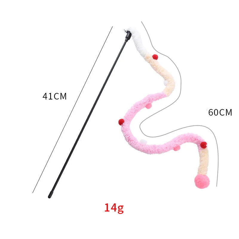 41cm cat wand toy with 60cm plush strip, colourful fluffy ball and bell for interactive play