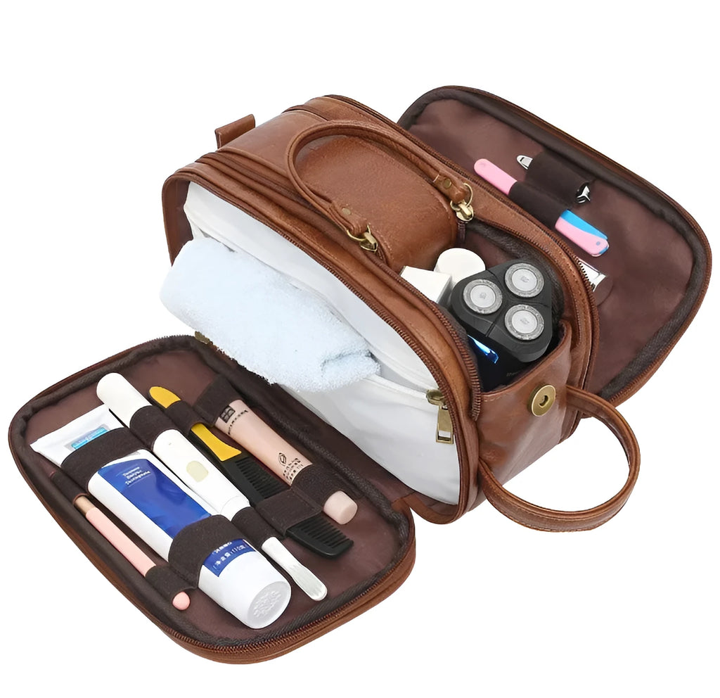 Men's solid colour Pu toiletry bag in black or brown for travel storage.