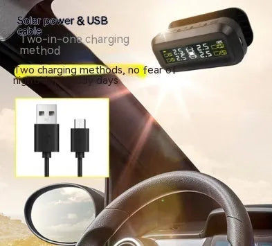 Wireless solar car tyre pressure monitor with colour display and four external sensors.