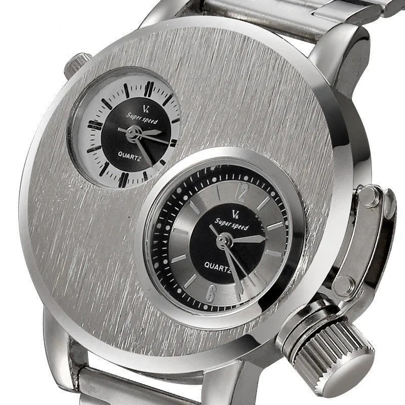 Large plate double-movement men watch with 40.5mm dial, spiral crown, and steel strap on a neutral background
