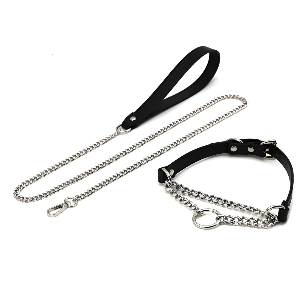 Black leather bondage collar and leash set with hand grip rope section