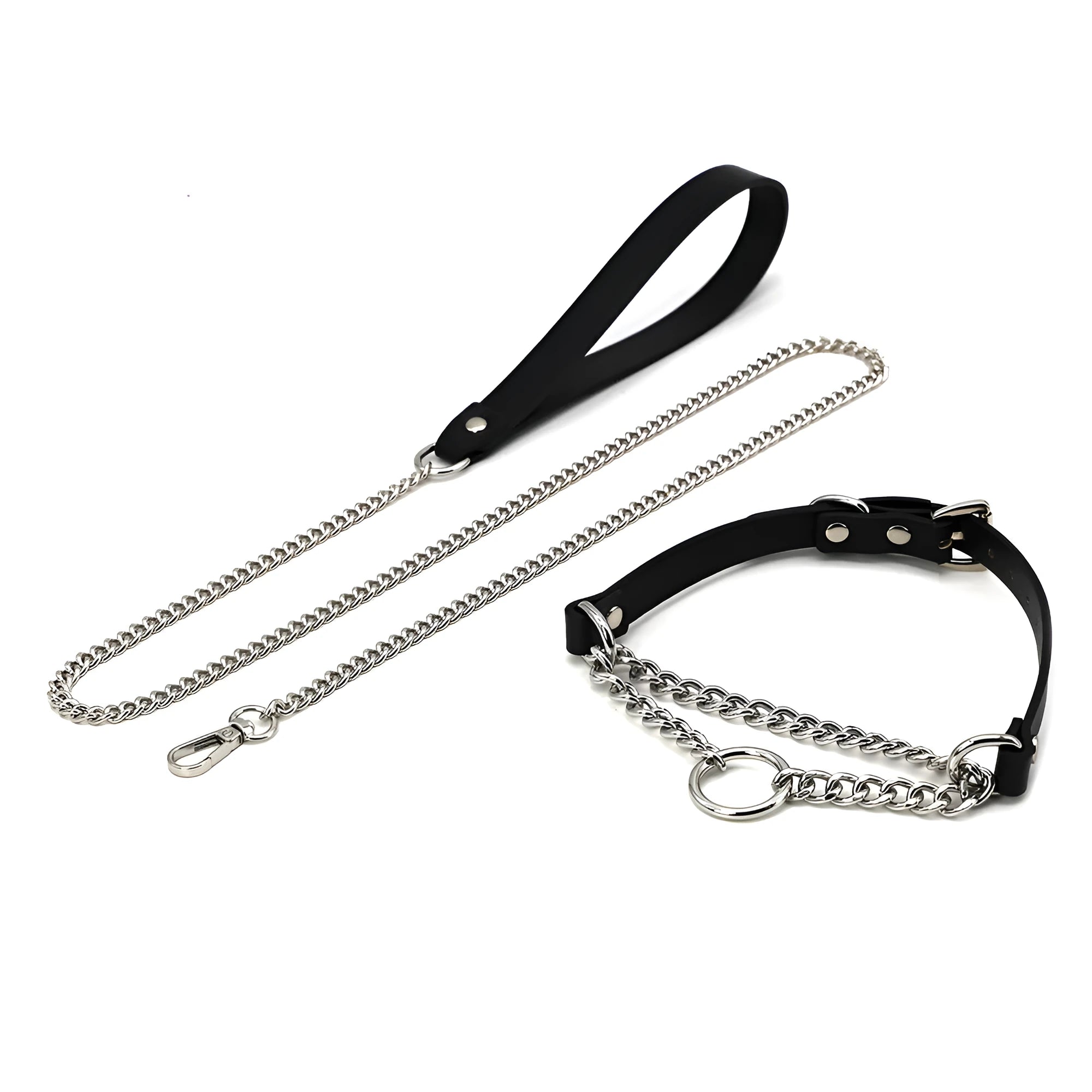 Black leather bondage collar and leash set with hand grip rope section