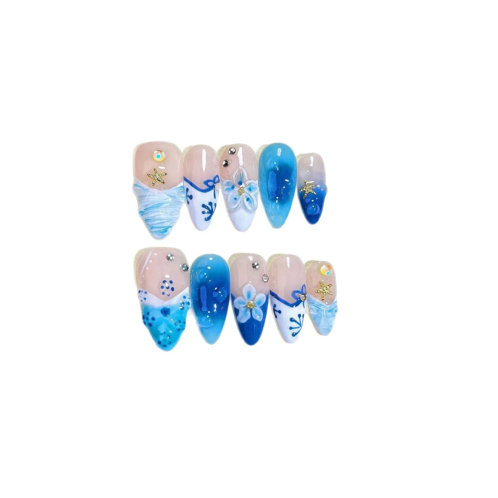 Blue hand-painted carved summer ice transparent fake nails set with four size options