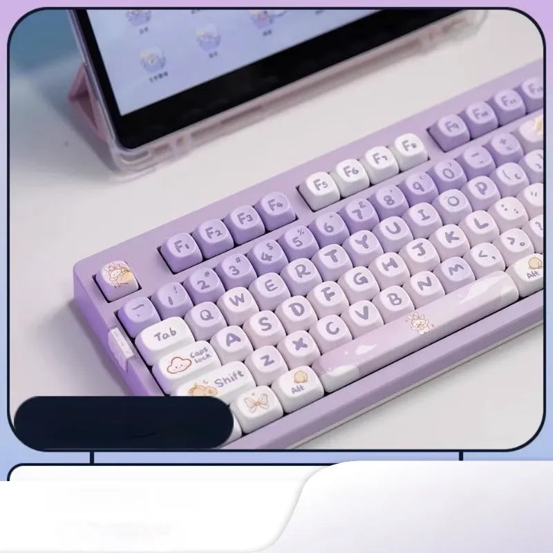 PBT gradient purple rabbit themed mechanical keyboard key caps on a keyboard
