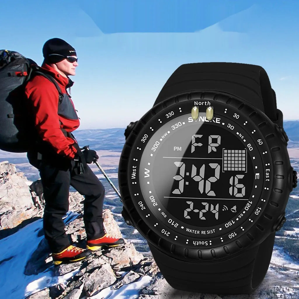 Black men's outdoor electronic watch with a large round dial on a PU strap, showing water resistance.