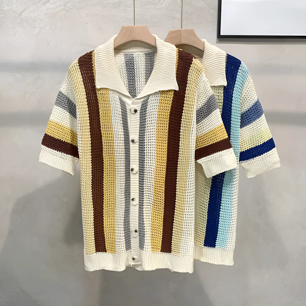 Man wearing a loose blue dopamine stripe casual short sleeve pullover shirt