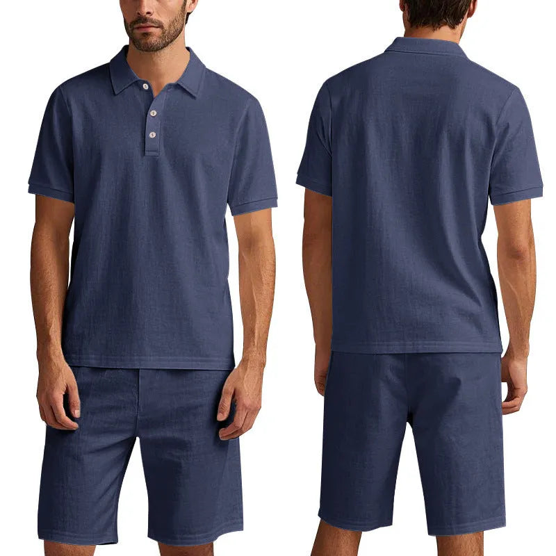 Men's light grey linen-blend short sleeve shirt and matching shorts for summer casual wear.