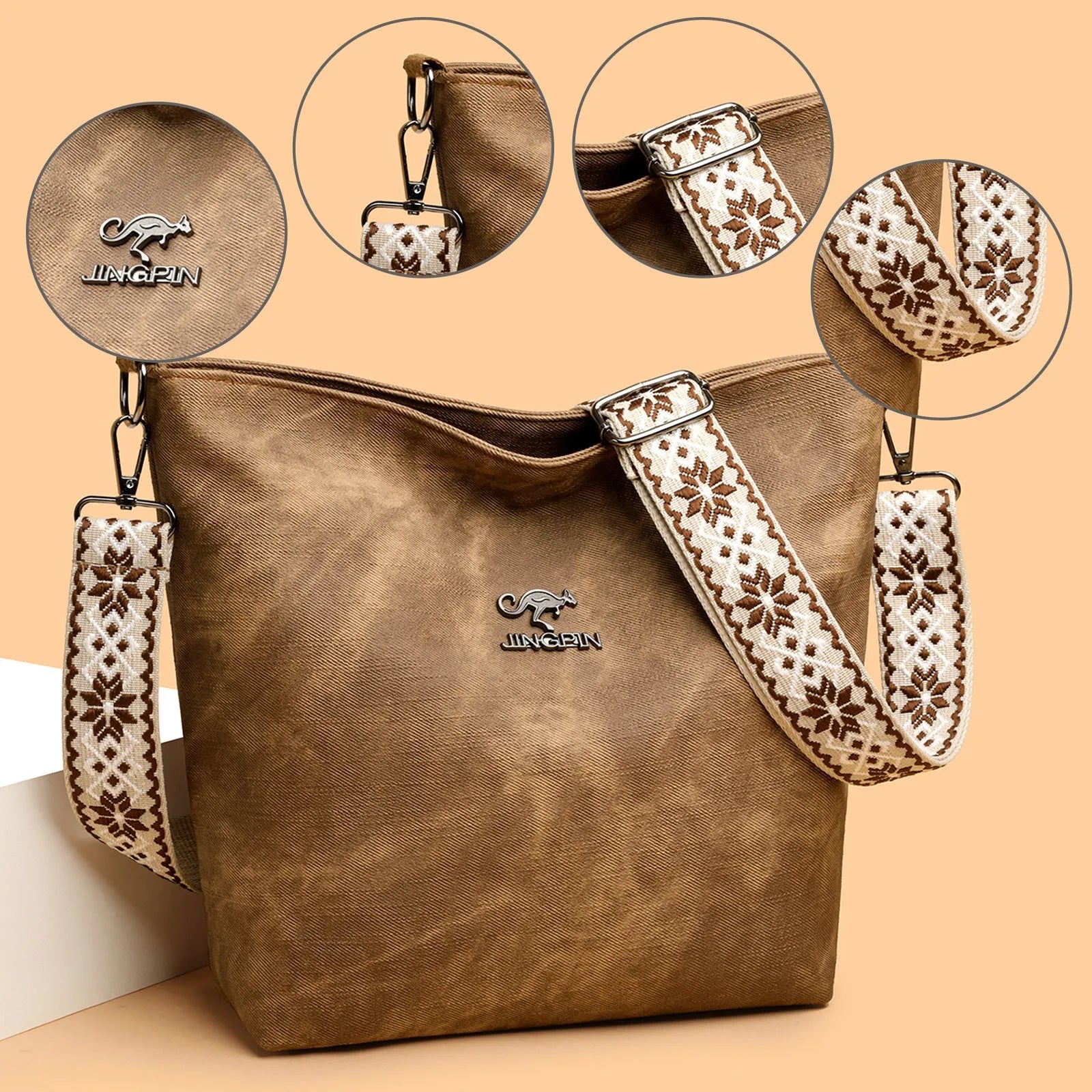 Soft grey PU crossbody bag with adjustable strap on mannequin