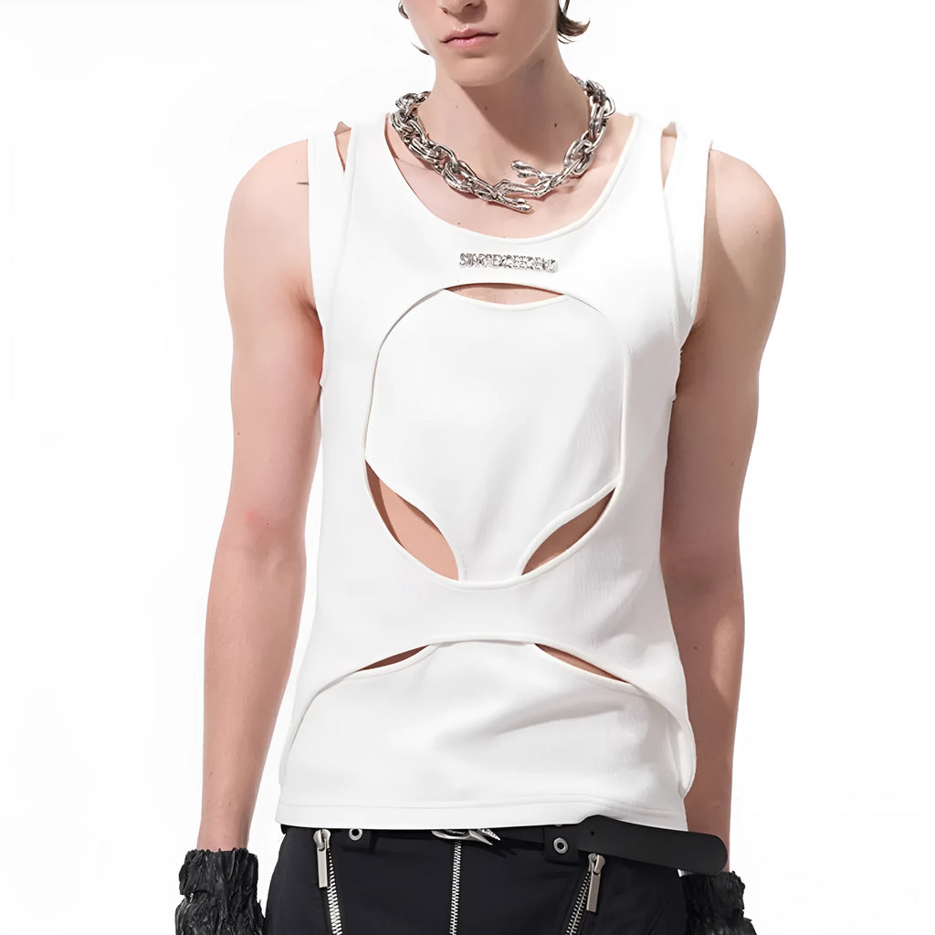 Men's black sleeveless cotton waistcoat with a round neck and loose fit, laid flat on a white background.
