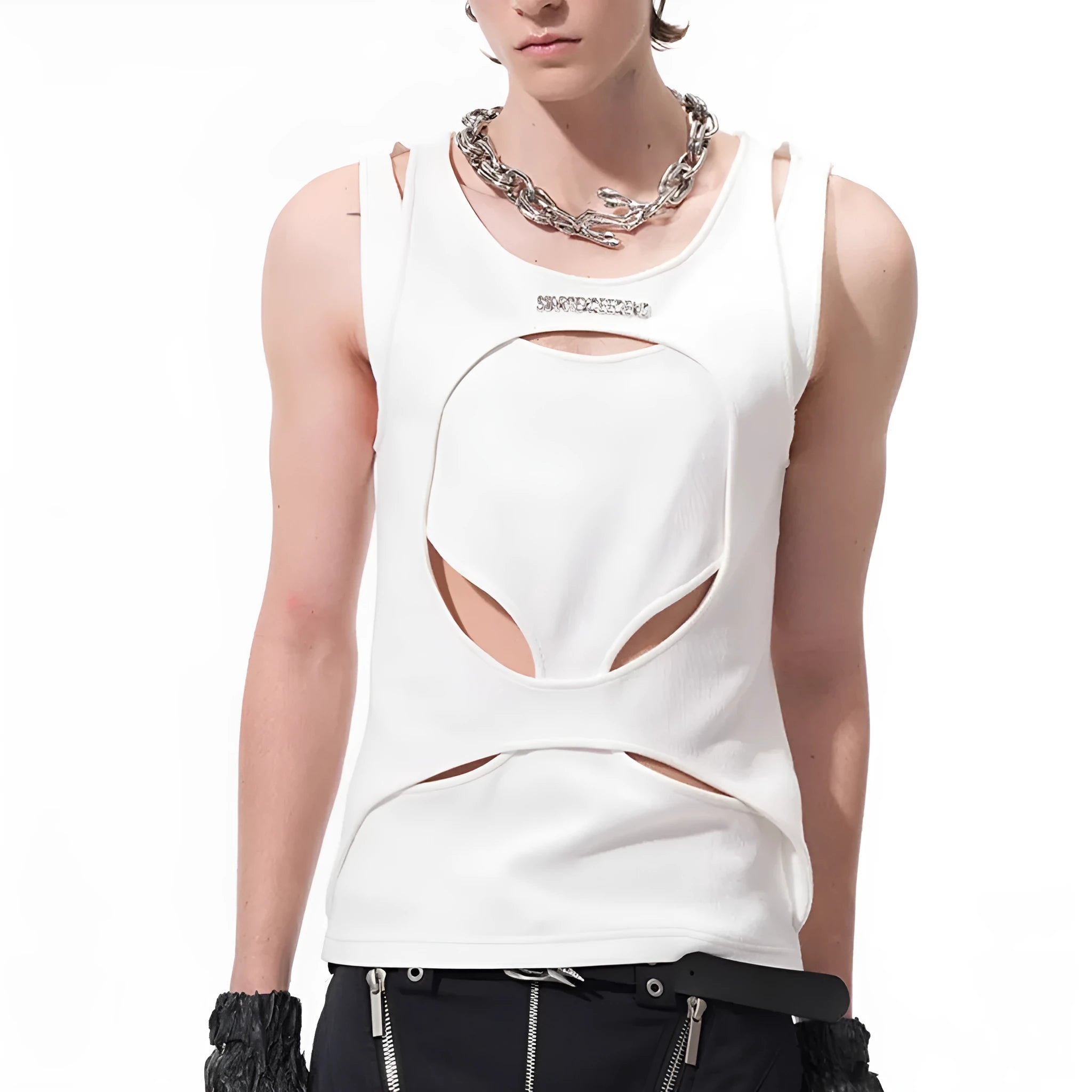 Men's black sleeveless cotton waistcoat with a round neck and loose fit, laid flat on a white background.