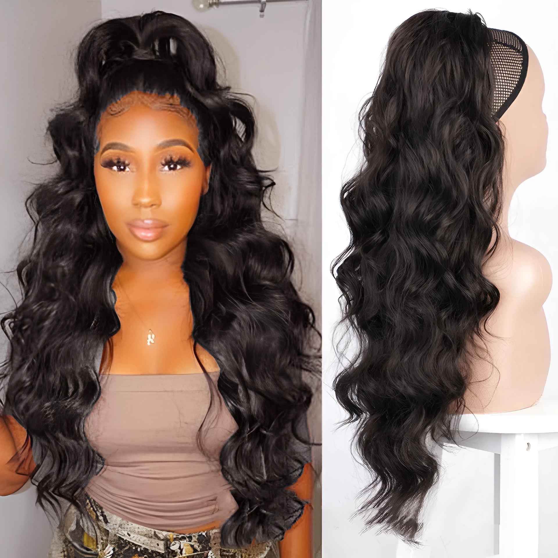Big wave drawstring ponytail wig in matte high temperature silk chemical fiber, available in multiple colours