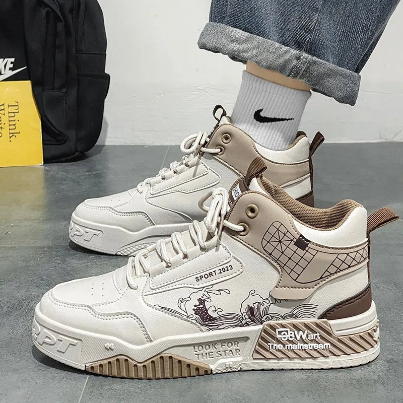 Men's high-top board shoes in beige with mesh lining and rubber sole