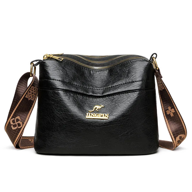 Brown PU leather cross body messenger bag with multiple compartments and sandwich pockets