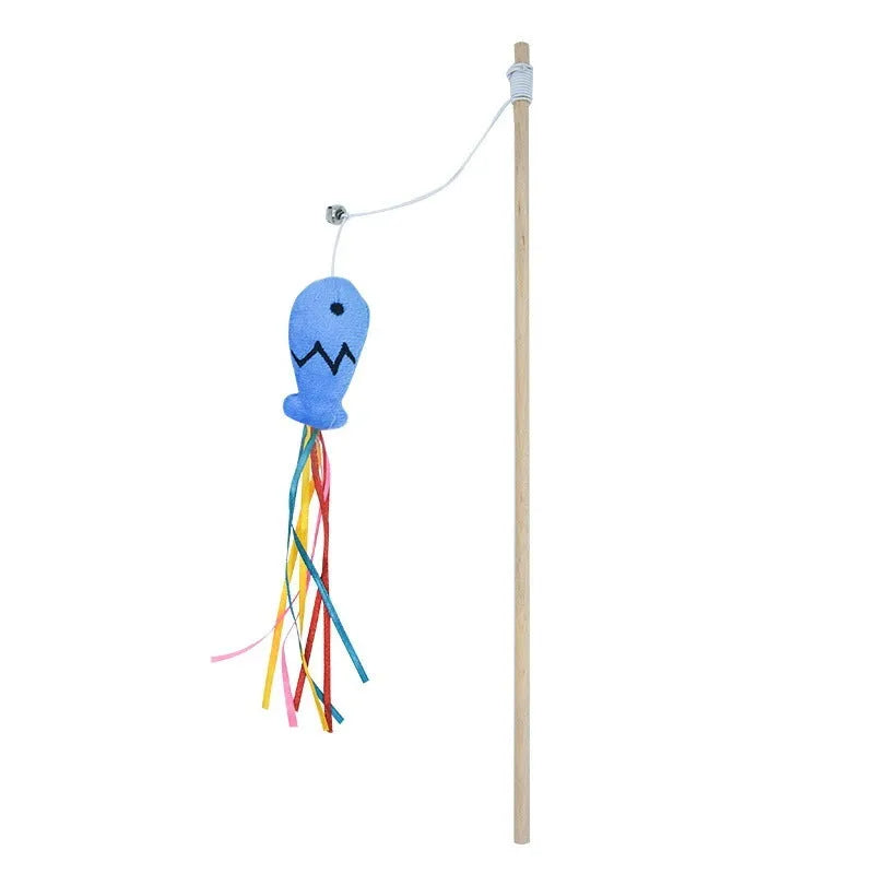 Cat wand toy with wooden handle, colourful ribbons, bell and catnip fish attachment