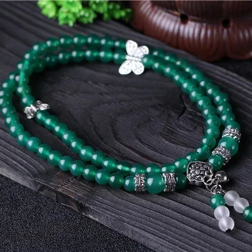 Handmade green agate multi-layer bracelet with three circles of 6mm beads for women.