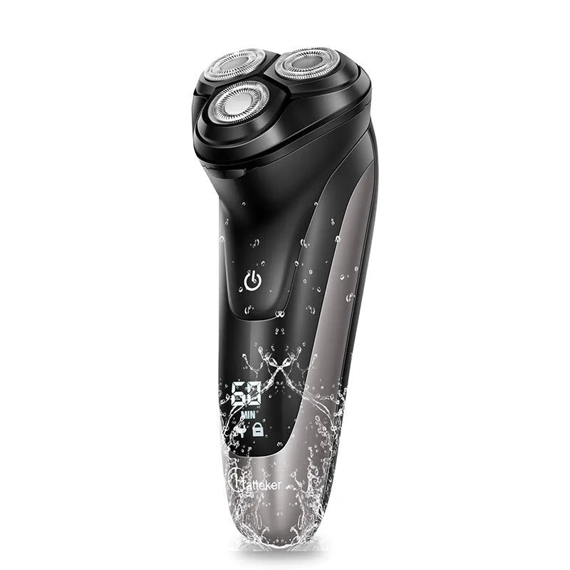 Men's electric shaver with three rotating heads, pop-up sideburn trimmer, USB cable, cleaning brush and velvet bag.